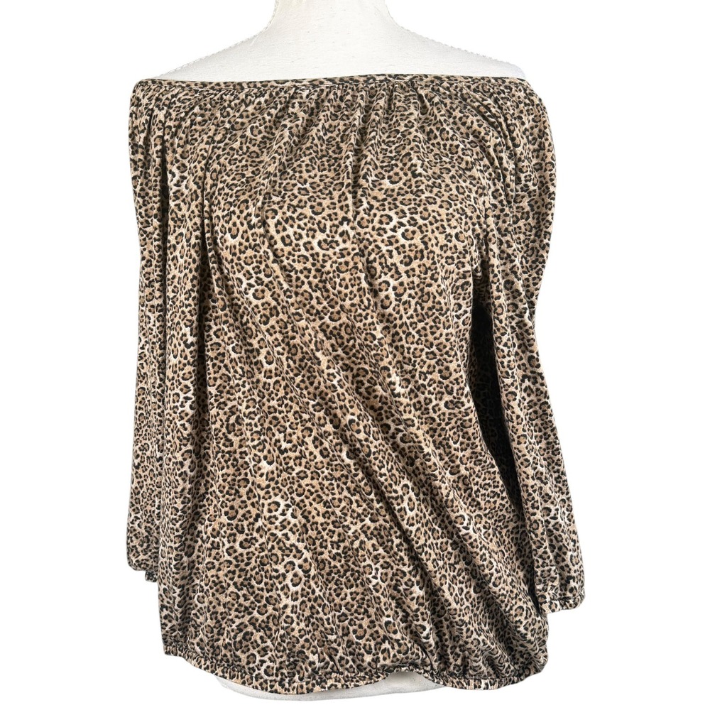 MICHAEL Michael Kors Top Womens 2X Brown Leopard Off Shoulder 3/4 Sleeve Modal